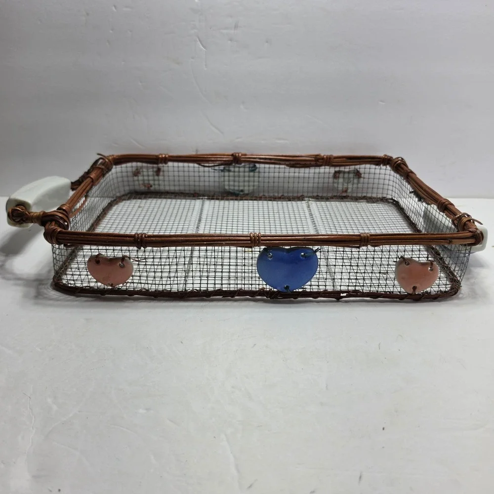 Vintage Rustic Wire Mesh Basket Tray Wicker Rim Ceramic Heart Handles Farmhouse